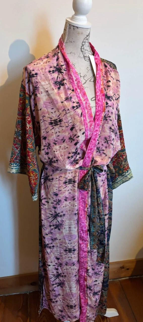 ♥ Long kimono satiné & ceinture dans les tons rosés Gold & Silver - Taille U – photo 3
